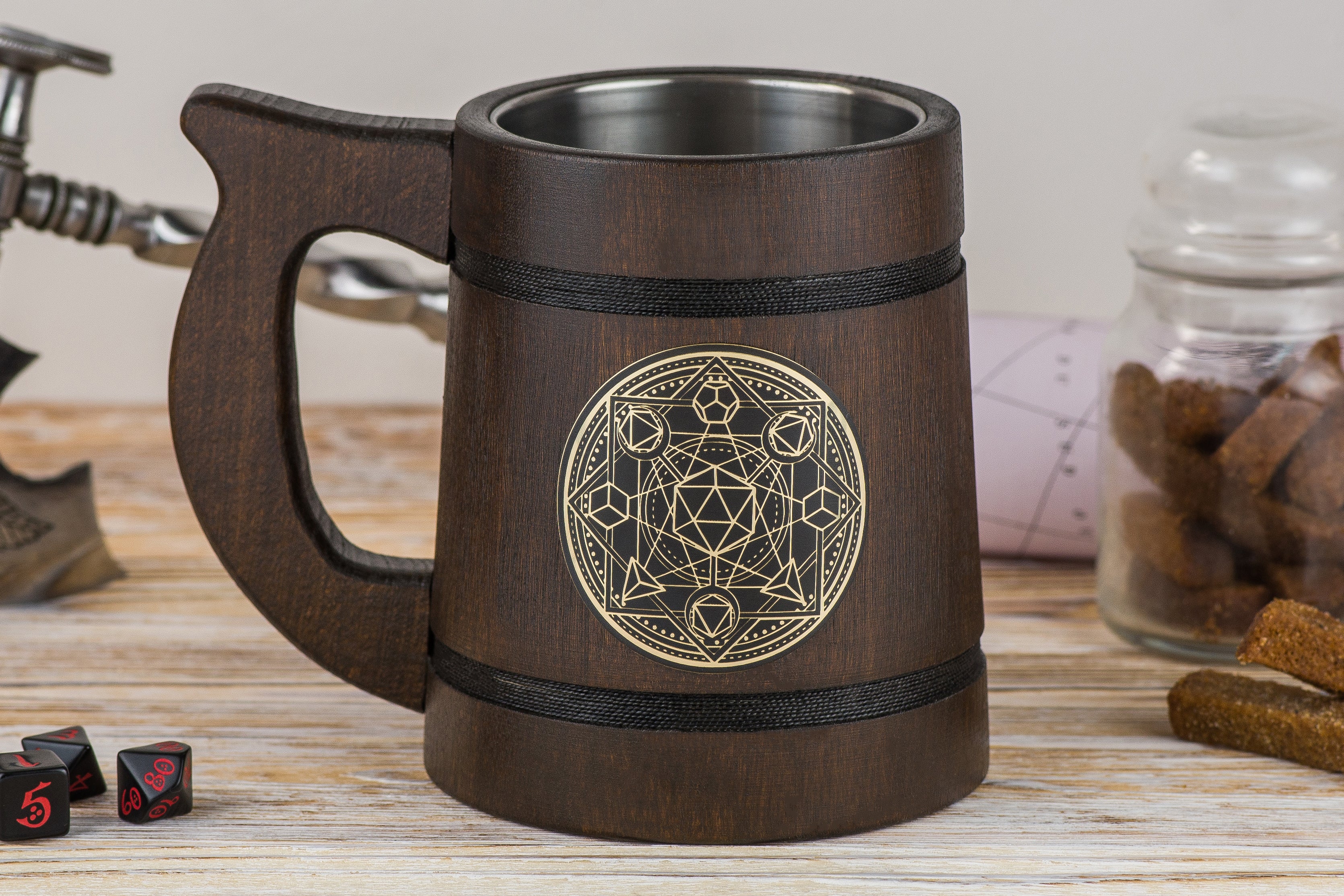 DnD mug with engraved plaque "D20 Magic Circle", DND Mugs - GravisCup