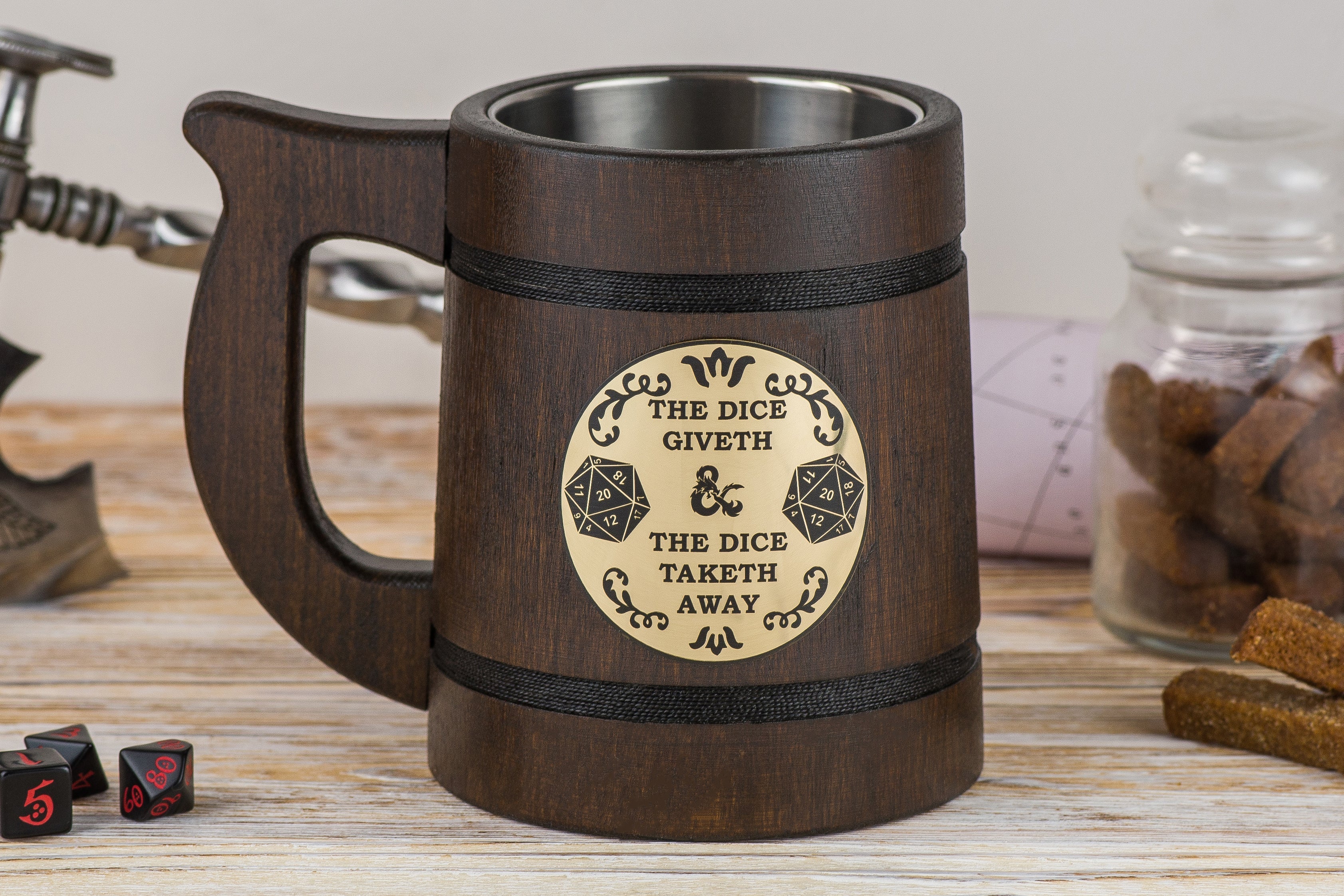 D&D wooden mug "The dice giveth and the dice taketh away", DND Mugs - GravisCup
