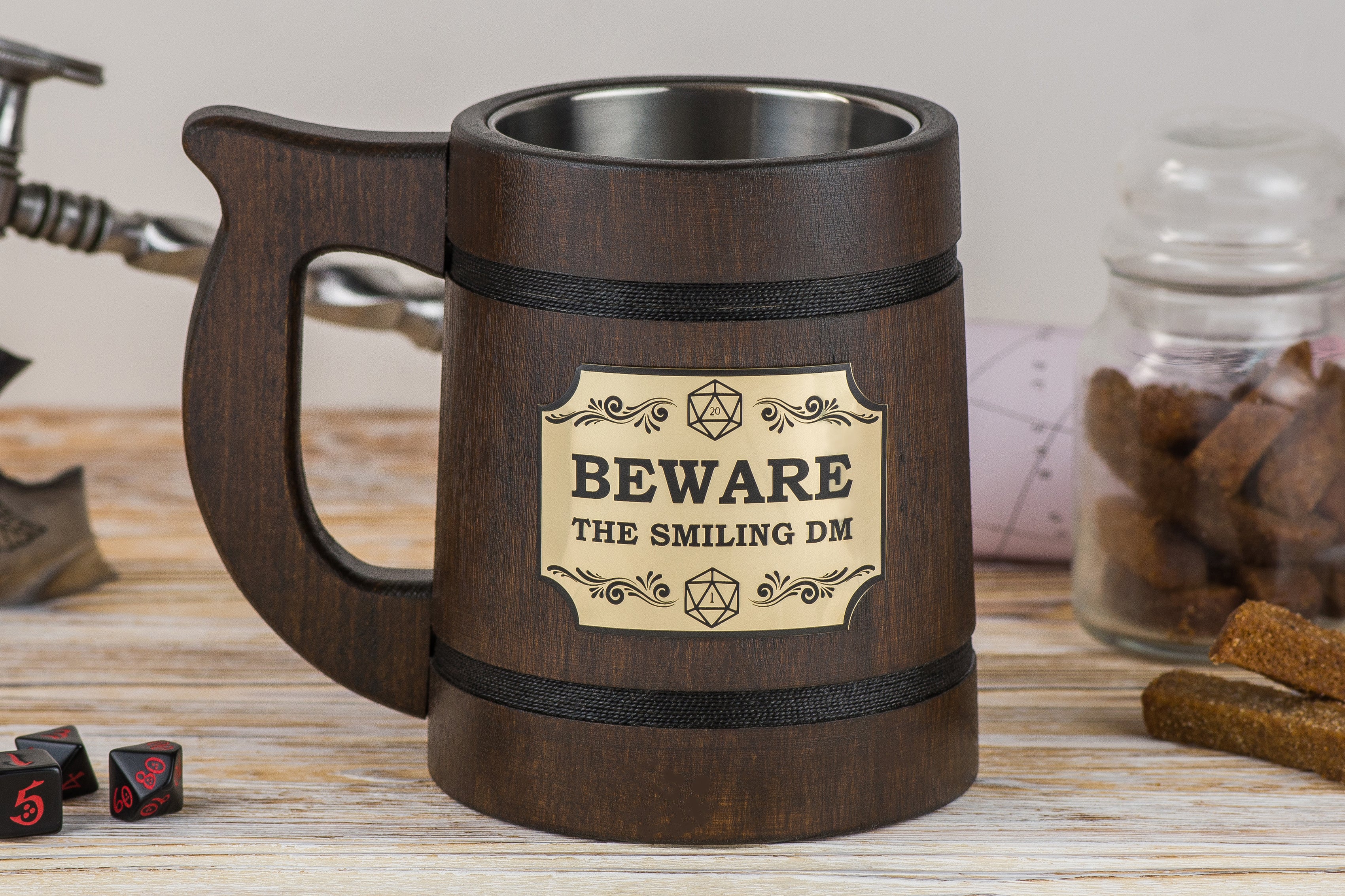 Dungeon Master personalized wooden mug "BEWARE THE SMILING DM", DND Mugs - GravisCup