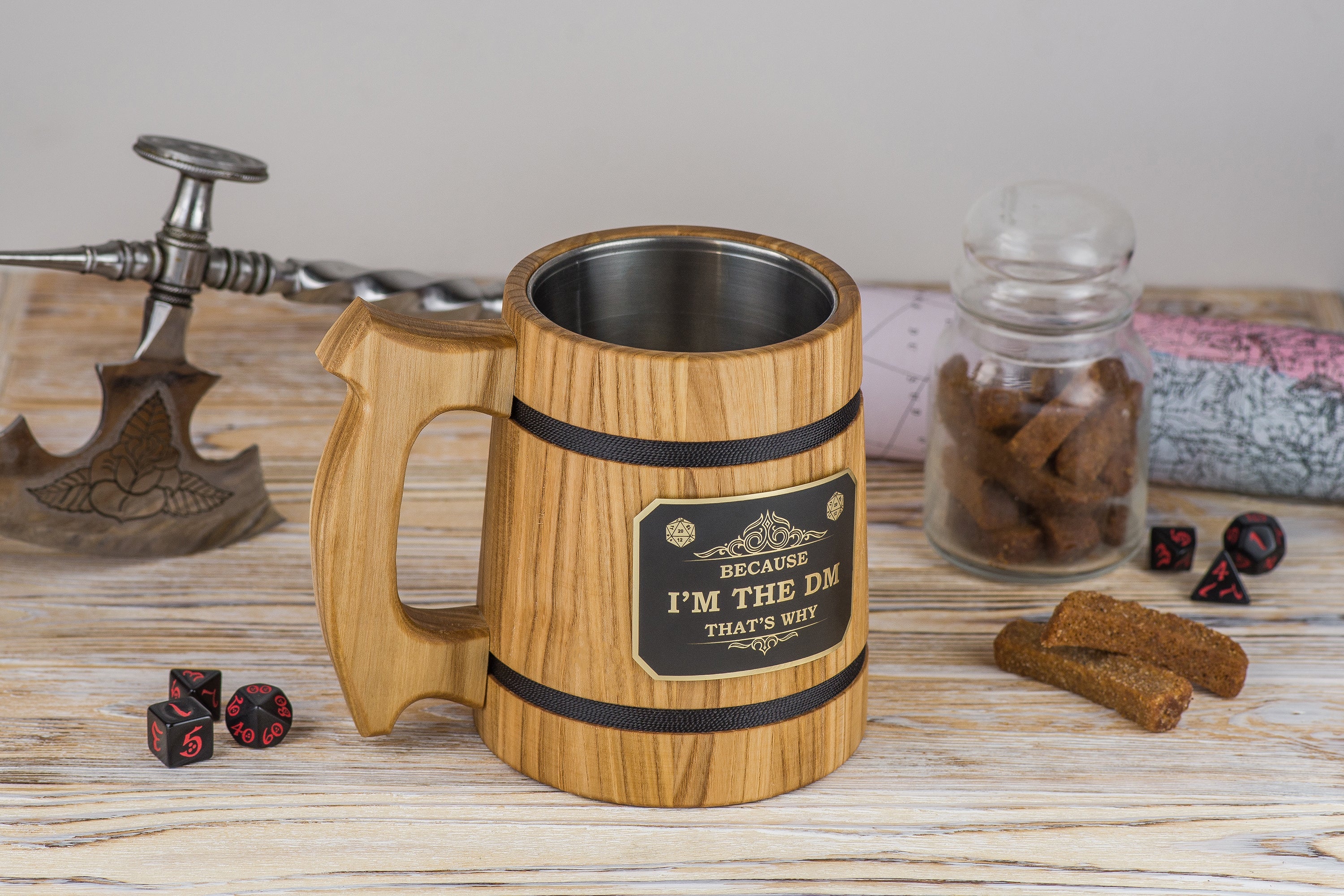 Dungeon Master mug with engraved plaque "Because I am DM", DND Mugs - GravisCup