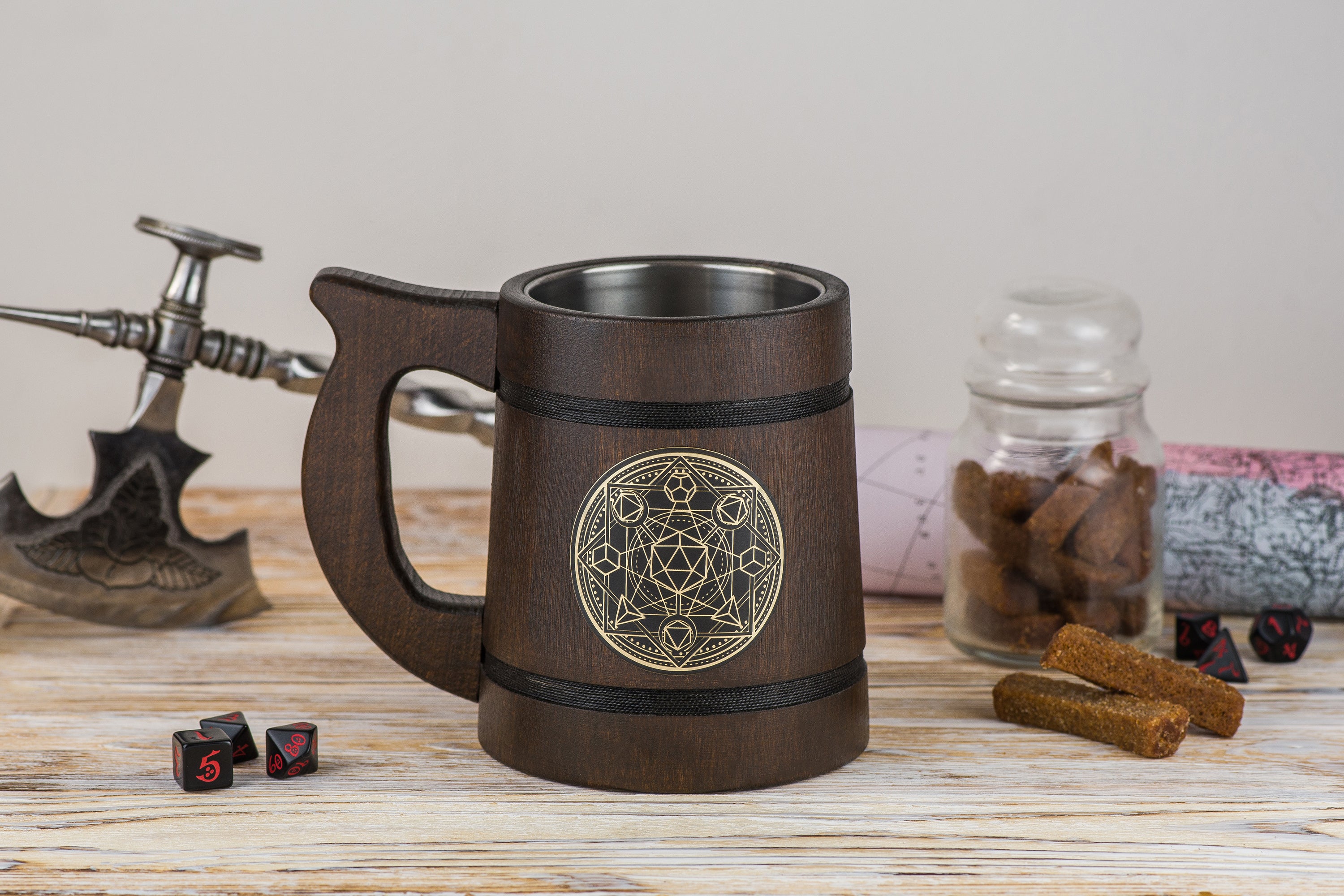 DnD mug with engraved plaque "D20 Magic Circle", DND Mugs - GravisCup