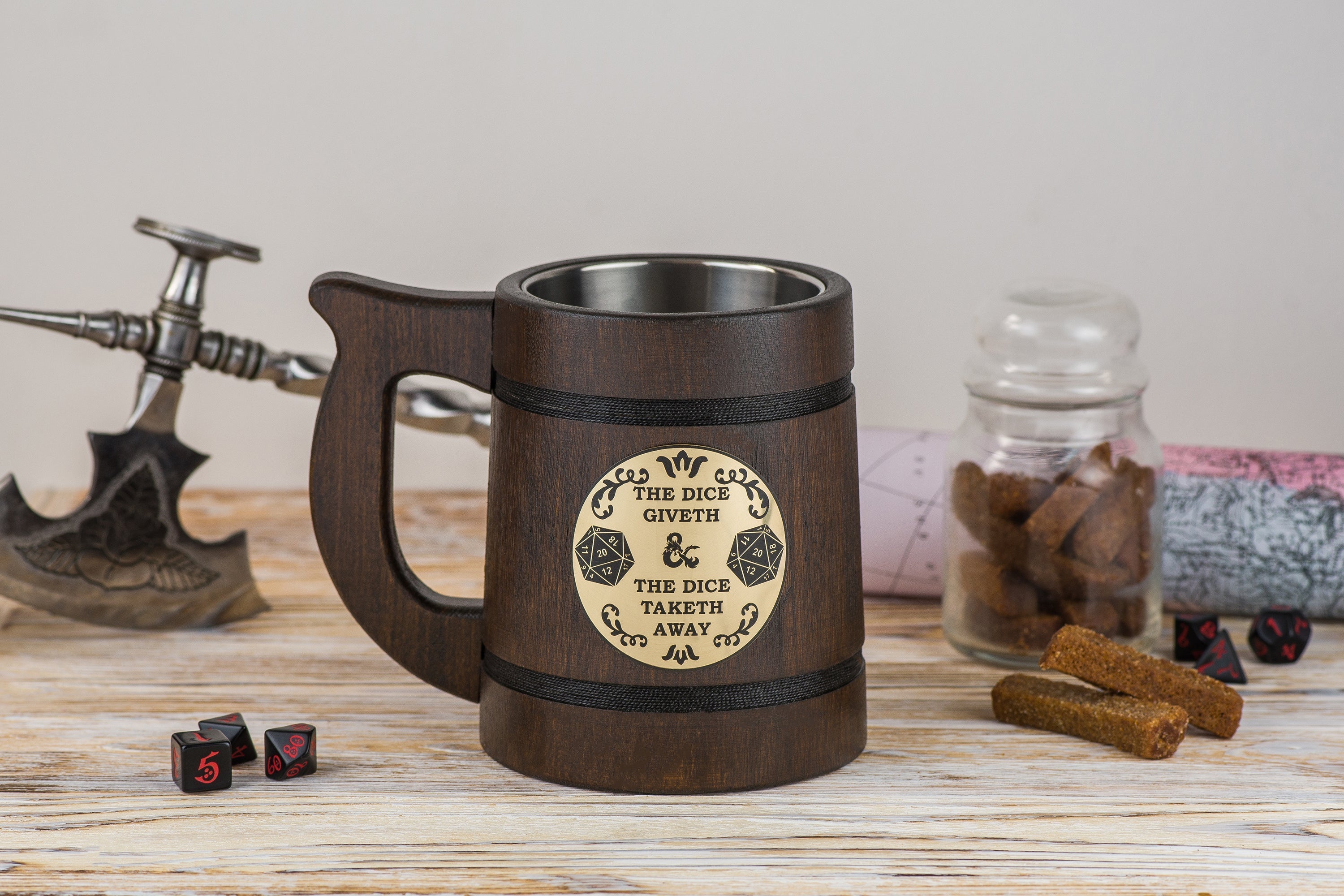 D&D wooden mug "The dice giveth and the dice taketh away", DND Mugs - GravisCup