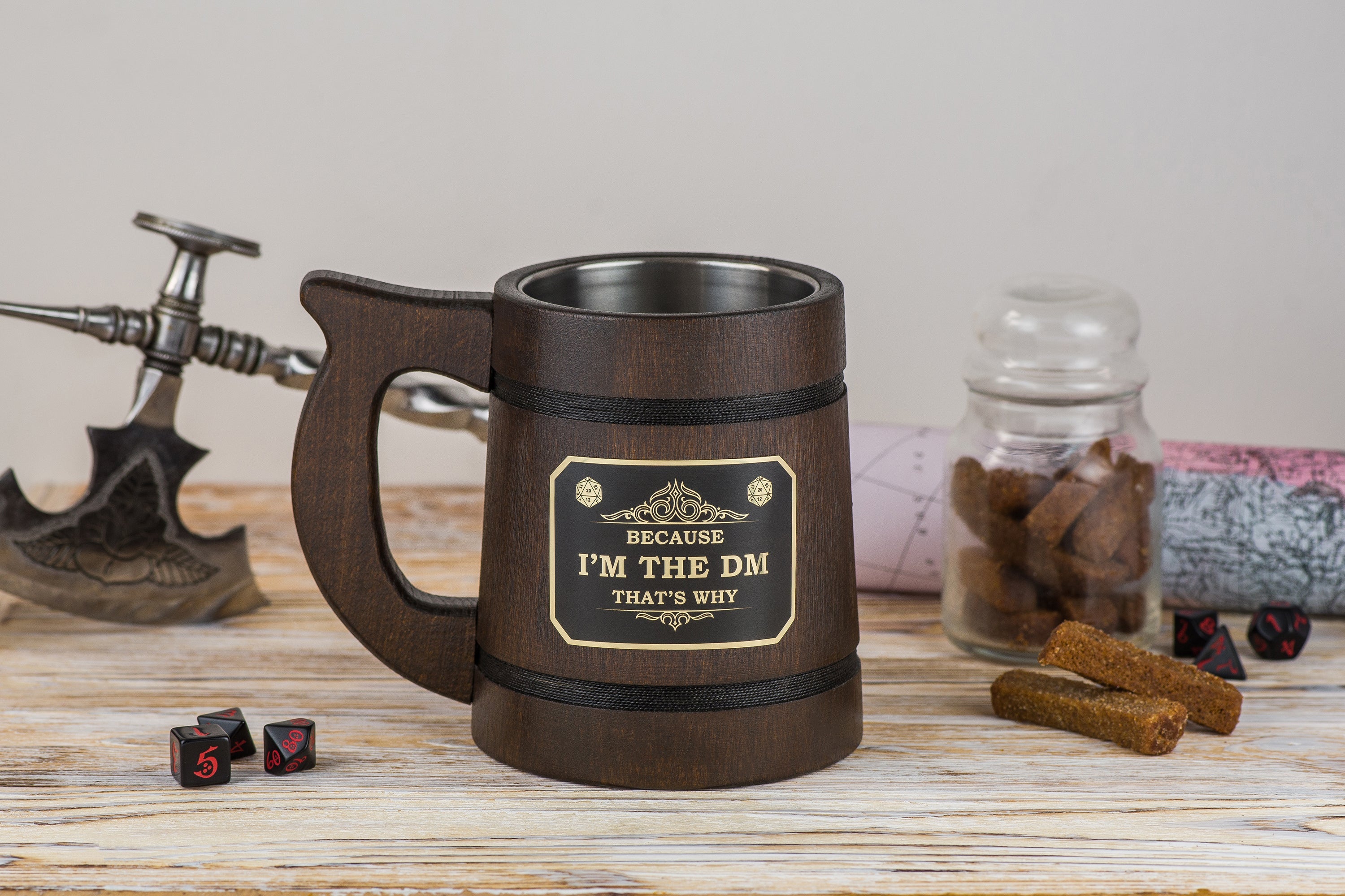 Dungeon Master mug with engraved plaque "Because I am DM", DND Mugs - GravisCup