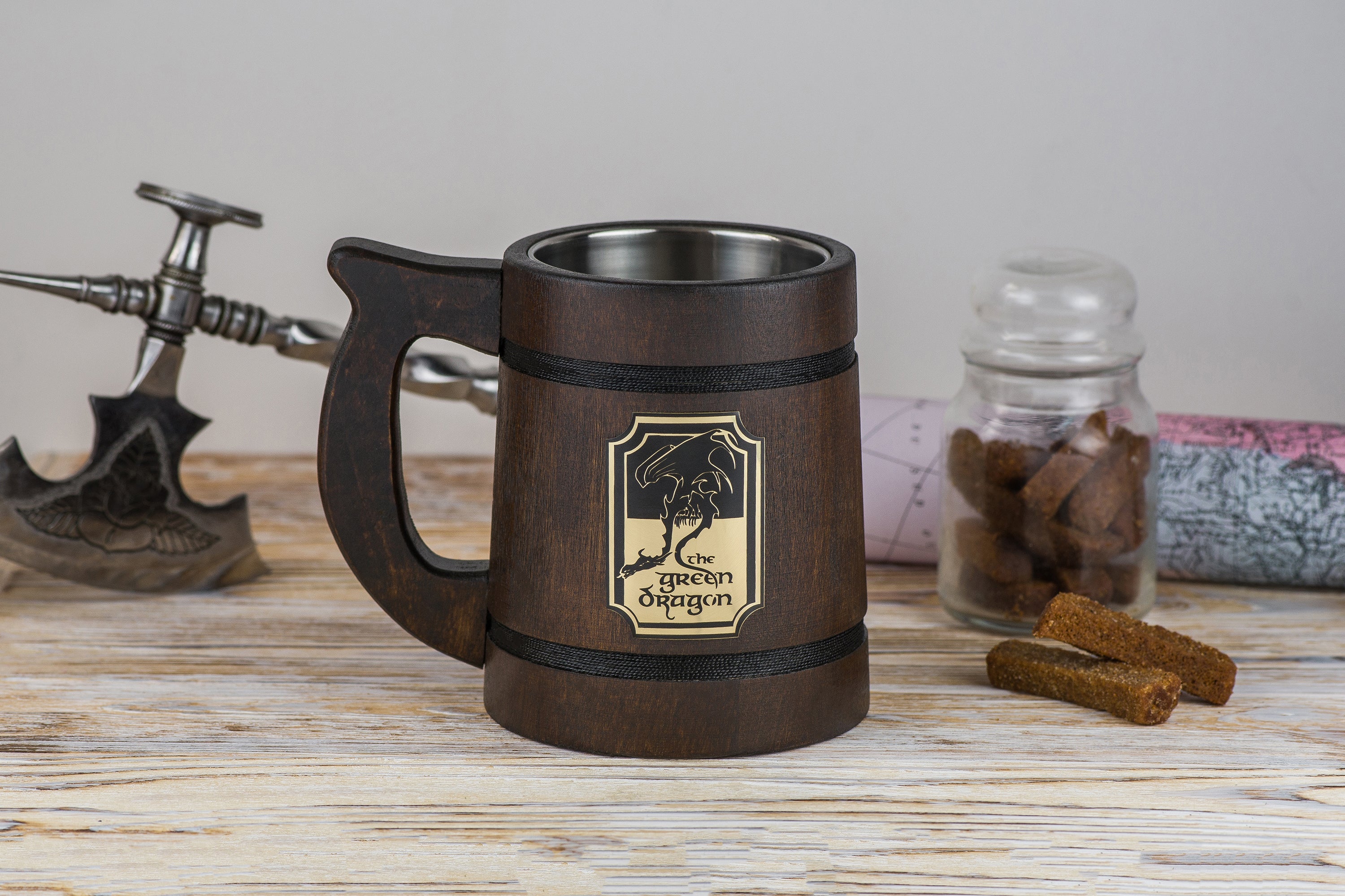 Green Dragon Mug, LOTR wooden beer tankard, LOTR mugs - GravisCup