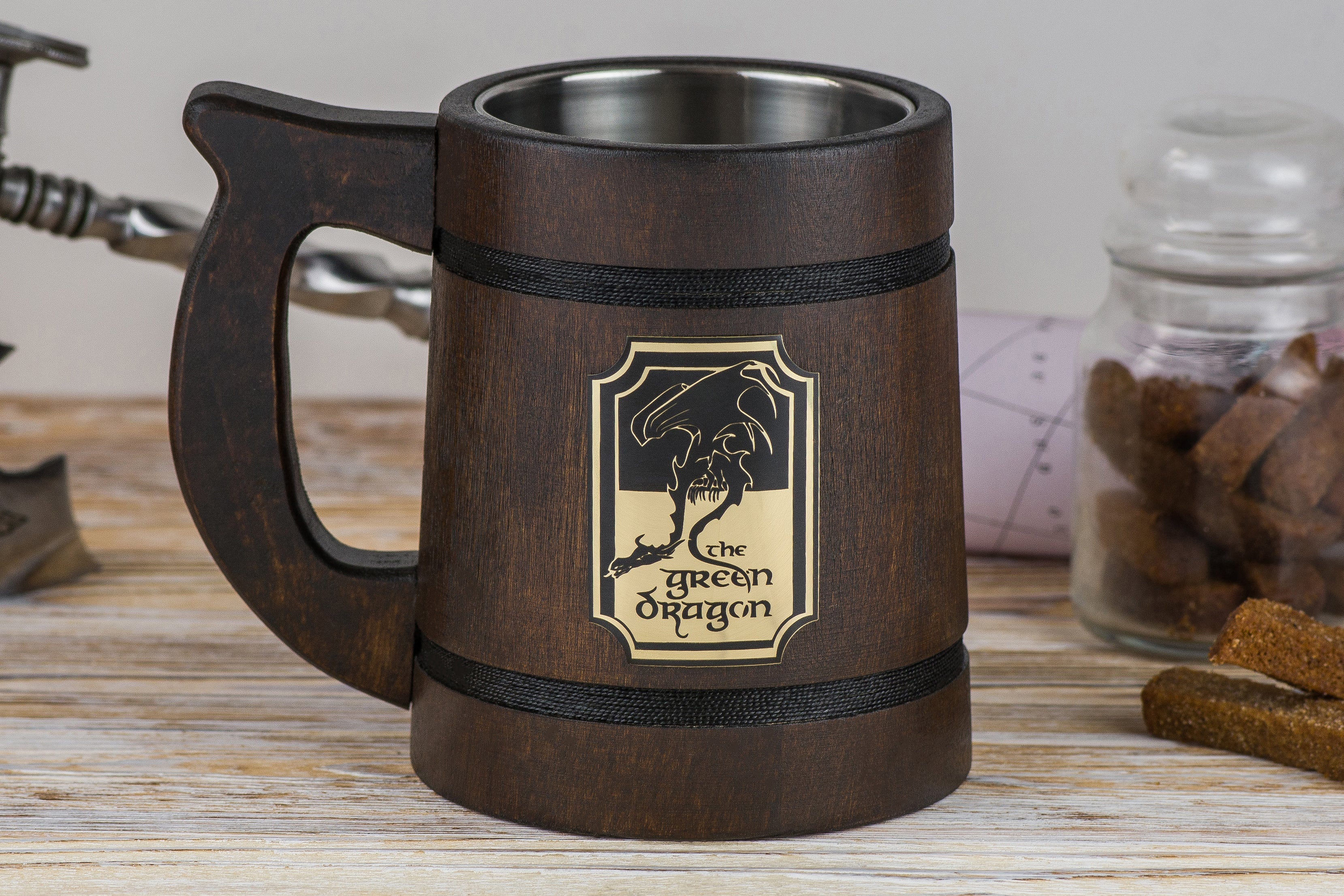 Green Dragon Mug, LOTR wooden beer tankard, LOTR mugs - GravisCup