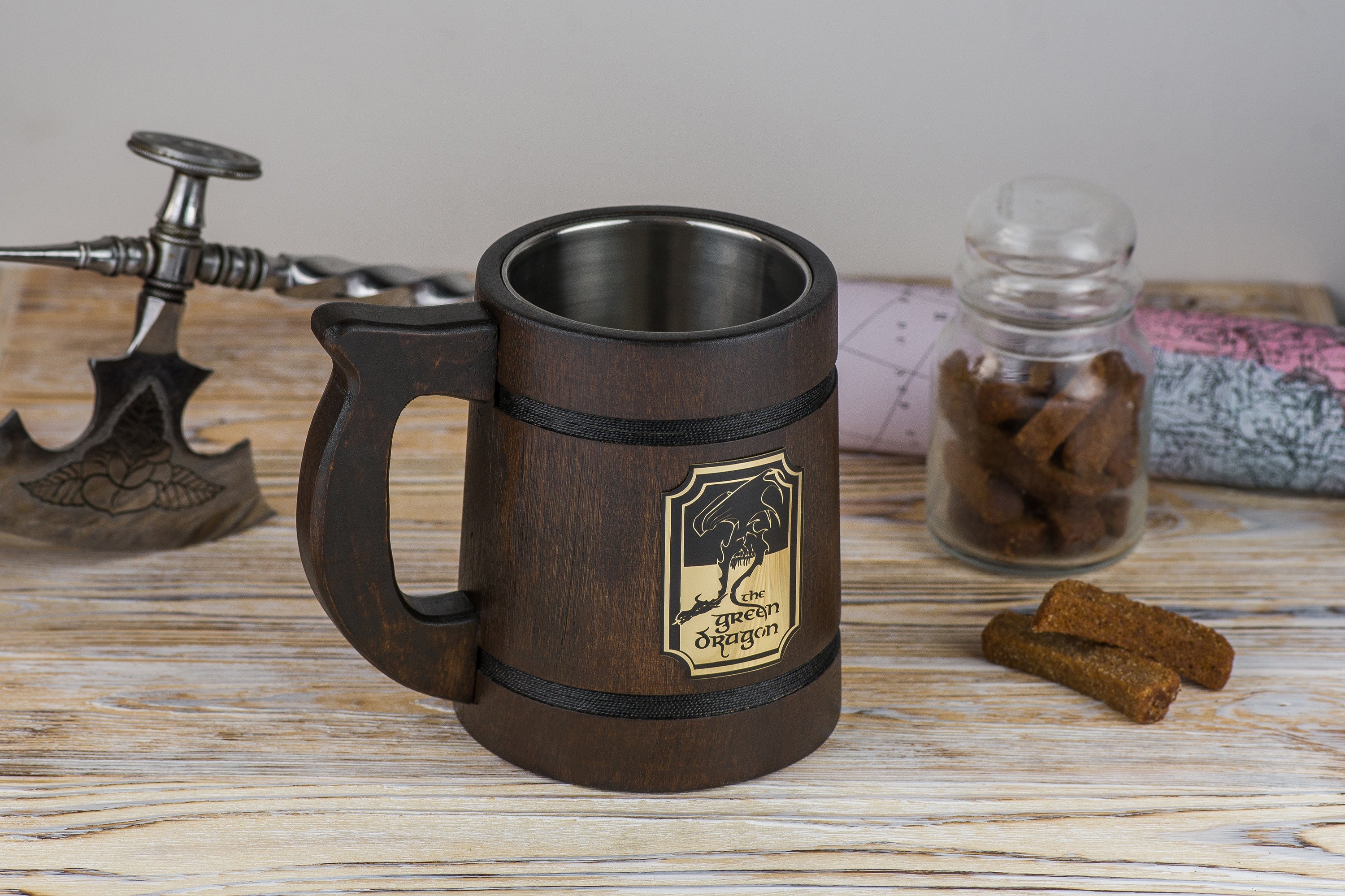 Green Dragon Mug, LOTR wooden beer tankard, LOTR mugs - GravisCup