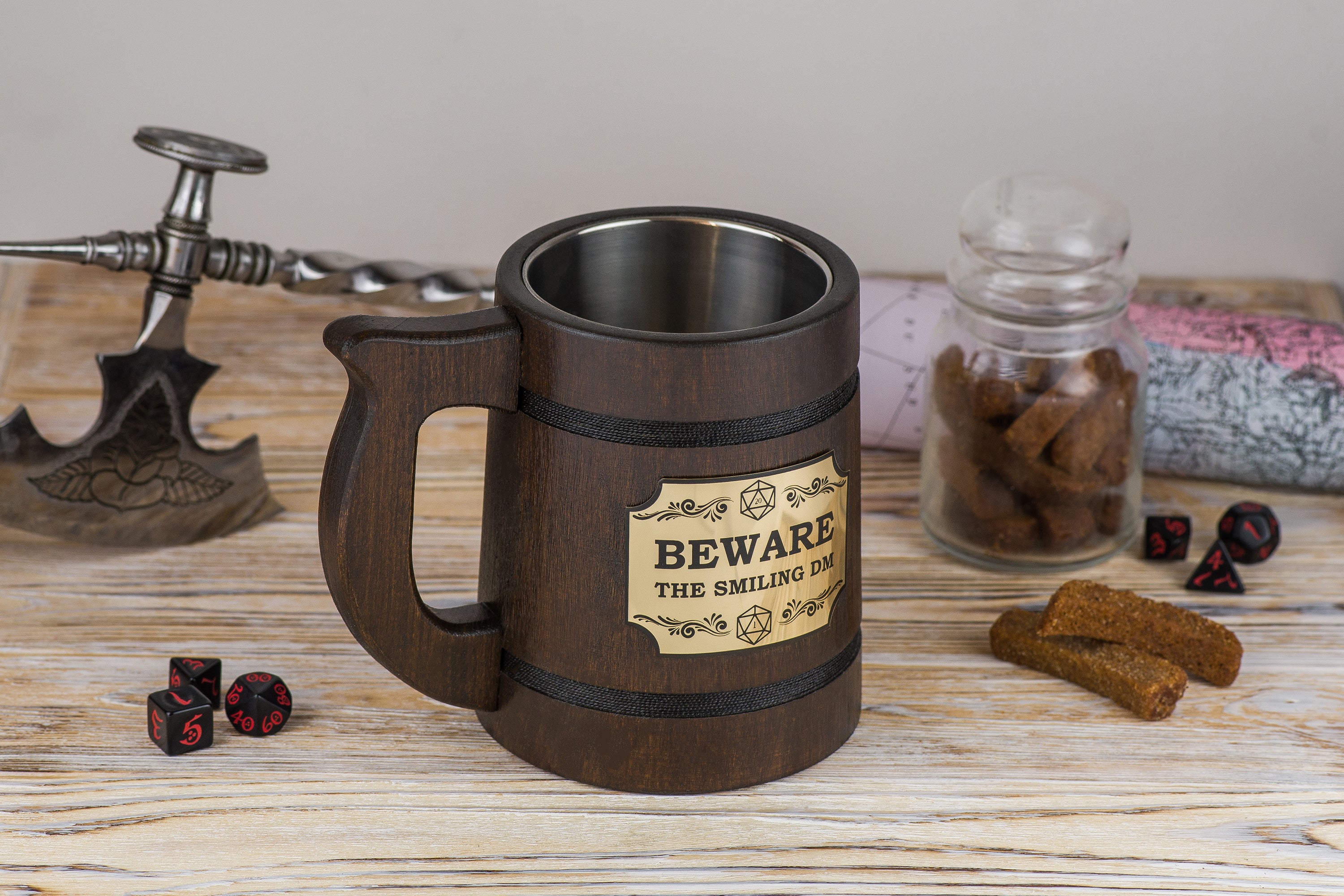 Dungeon Master personalized wooden mug "BEWARE THE SMILING DM", DND Mugs - GravisCup