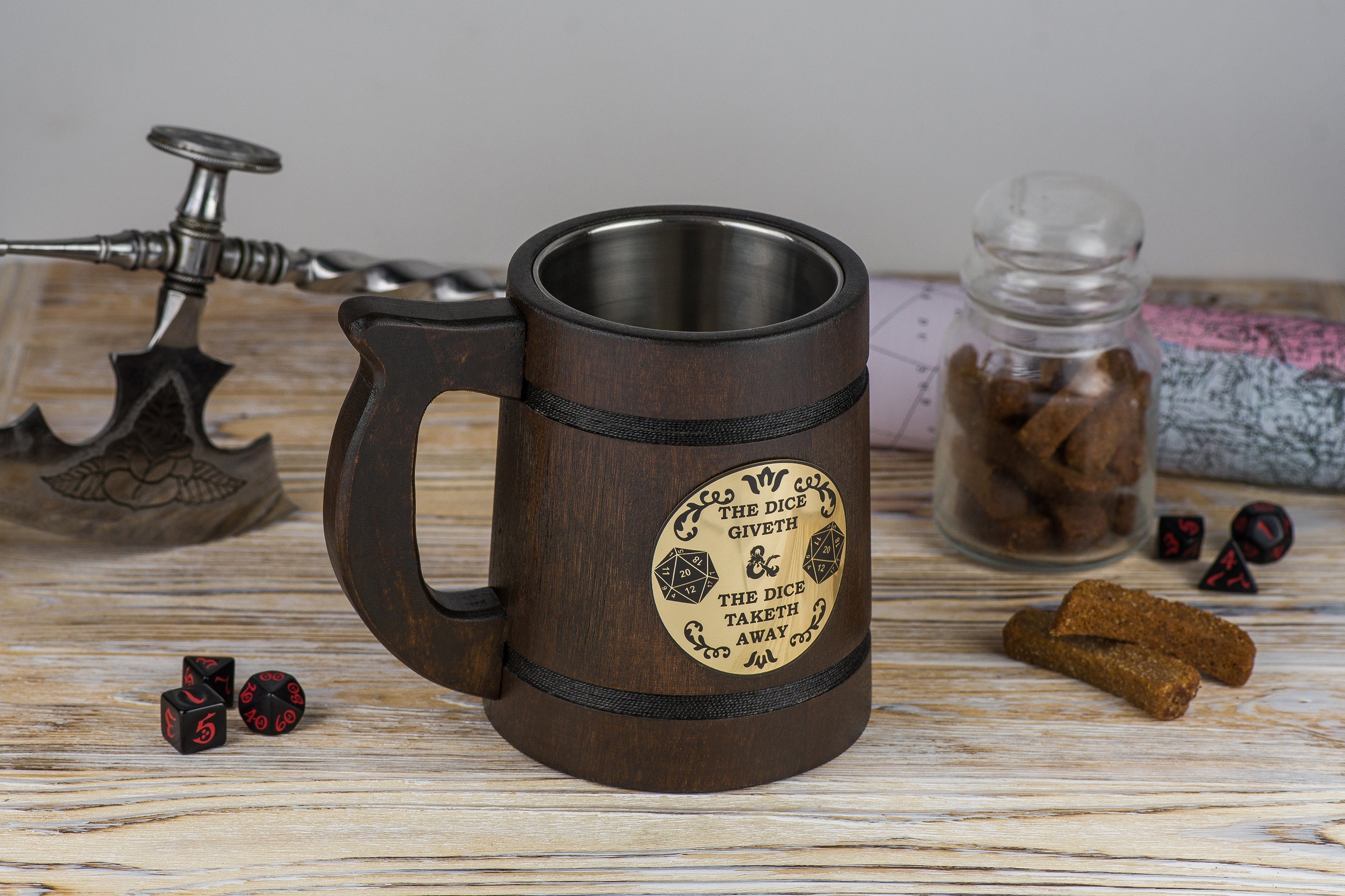 D&D wooden mug "The dice giveth and the dice taketh away", DND Mugs - GravisCup