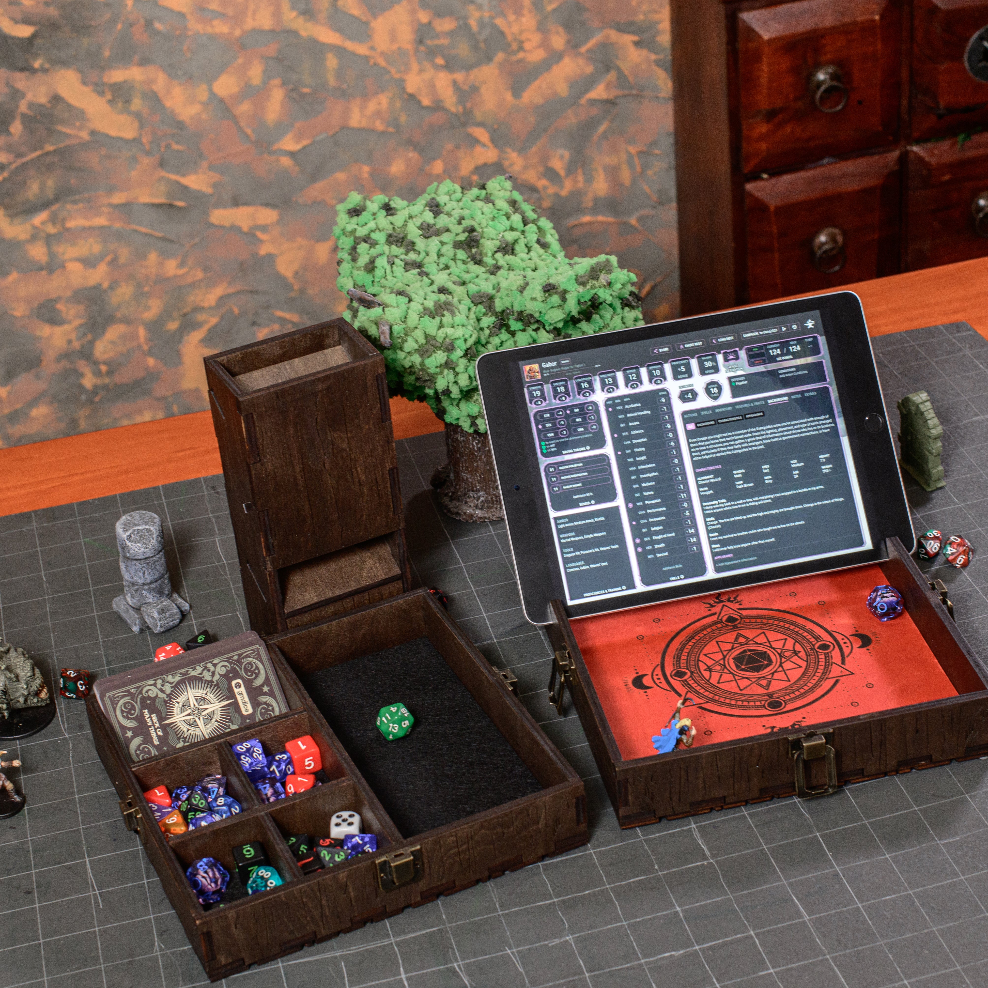 Dice wooden tray with tablet slot Dice Organizer